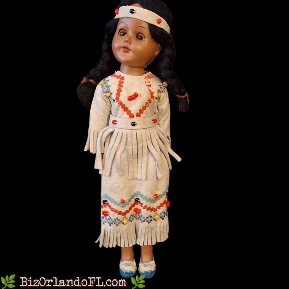 VINTAGE: Native American Indian Girl Plastic Souvenir Doll Leather Clothing 11”